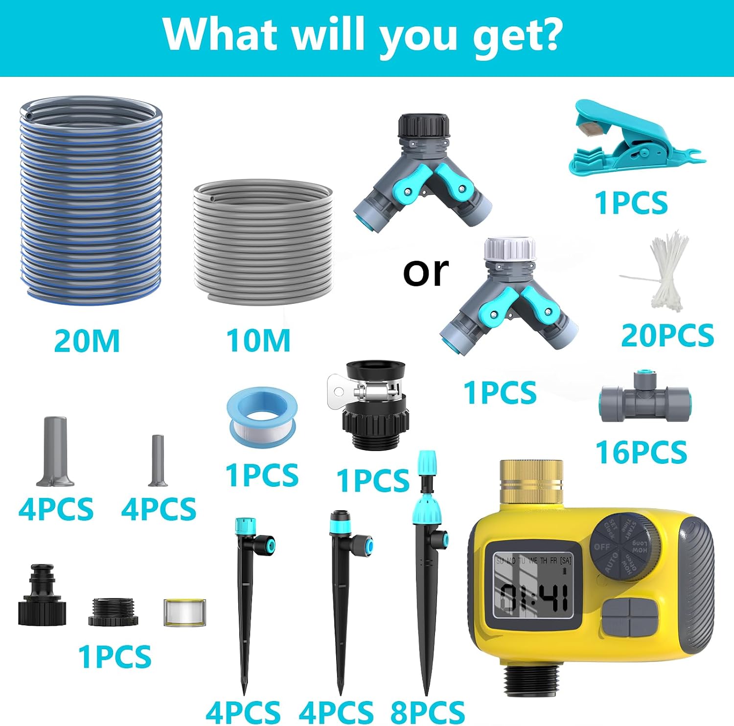 100FT Drip Irrigation System Kit with Water Timer for Garden | 1/2" High-Flow Mainline Auto Irrigation System, 16pcs