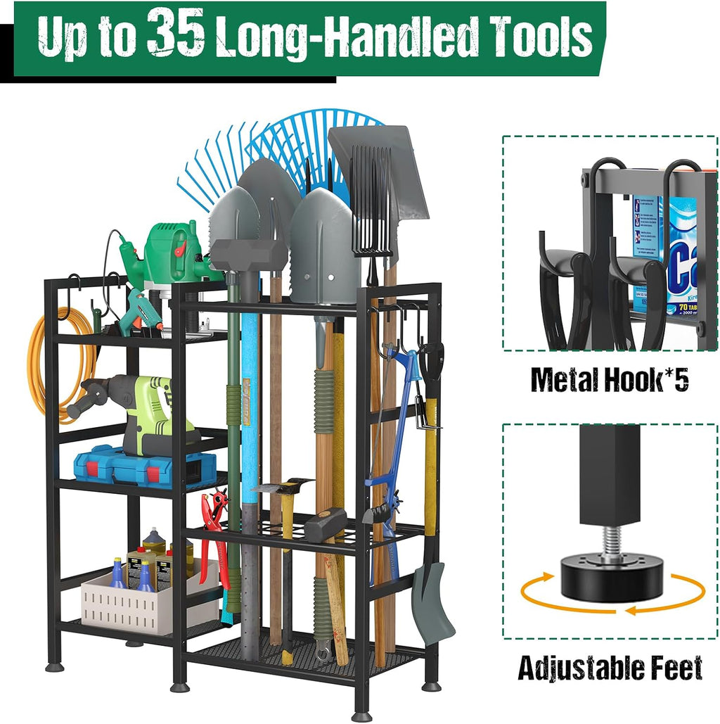 keomaisyto Garden Tool Organizer with Large Hooks, Garage Storage Rack | 3 Tier Yard Tool Holder with 35 Long-Handled