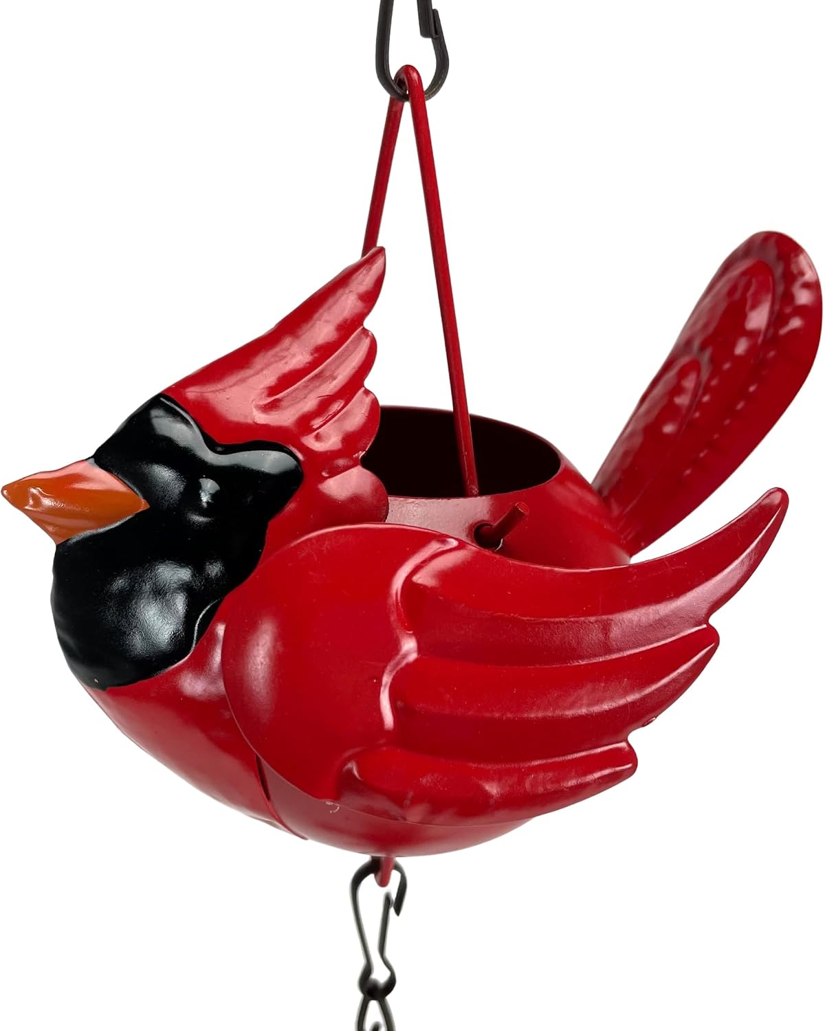 Red Cardinal Rain Chain, 85 Inch Metal with 7 Birds and Bell | Rustic Brown Finish, Three-Dimensional Designs, Each 5.5