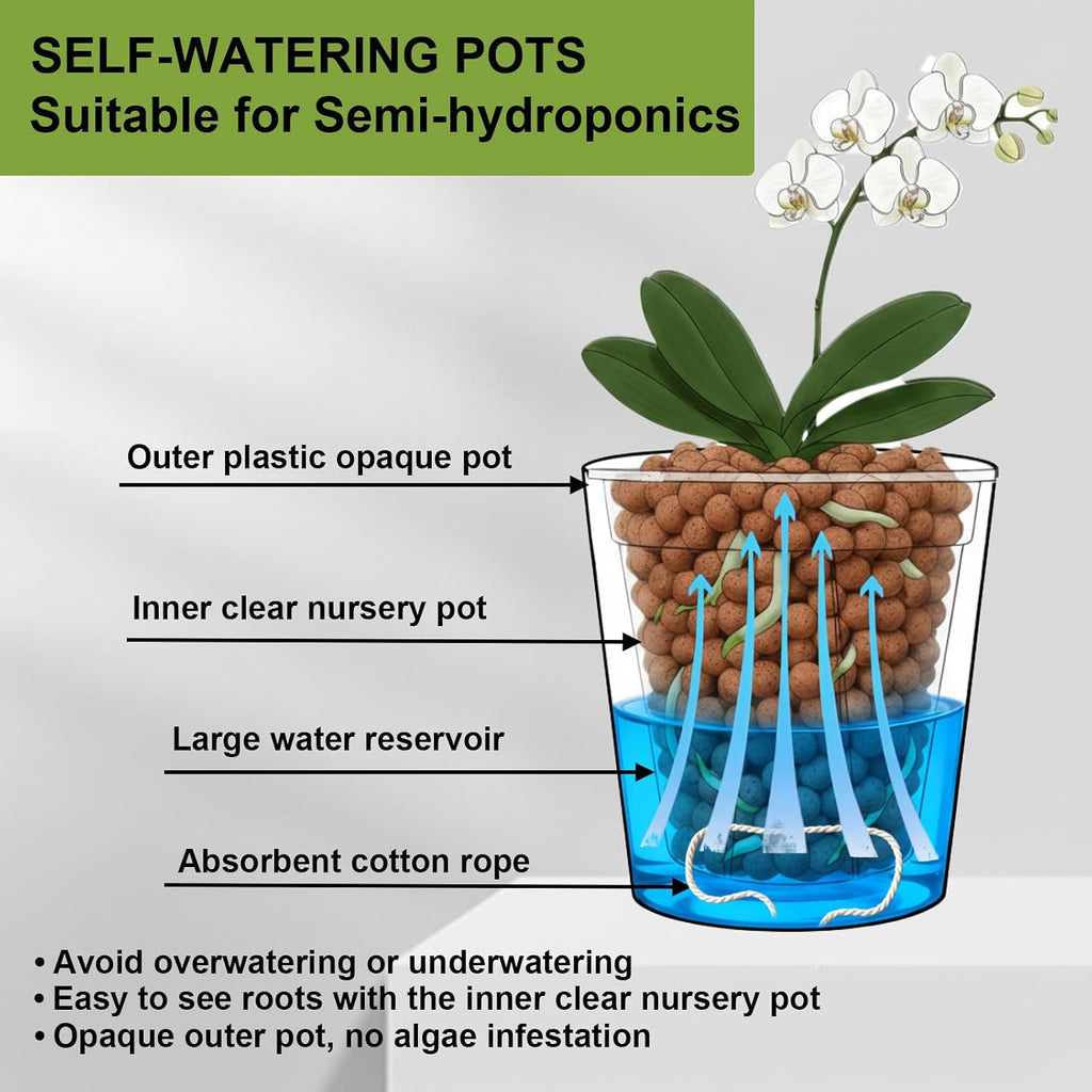 6 inch self Watering Pot with Clear Nursery Pot Inside,White,6 Pack | dual-pot systerm with wick,Root