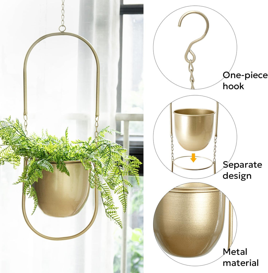 AceList Boho Hanging Planter for Indoor Plants - Set of 2 Gold Metal Wall Planter 5.7Inch with Hooks and Chins, Plant