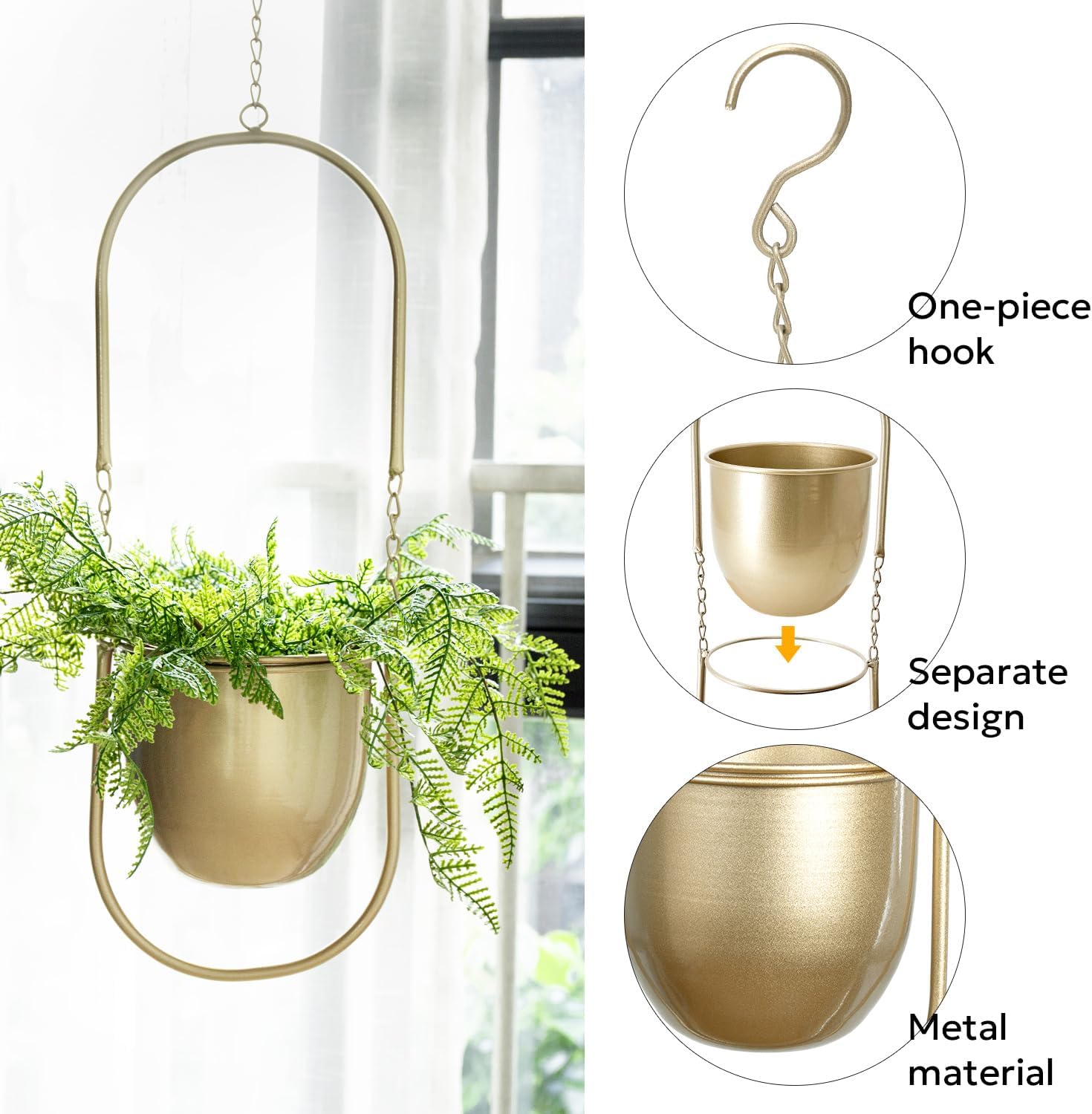 AceList Boho Hanging Planter for Indoor Plants - Set of 2 Gold Metal Wall Planter 5.7Inch with Hooks and Chins, Plant