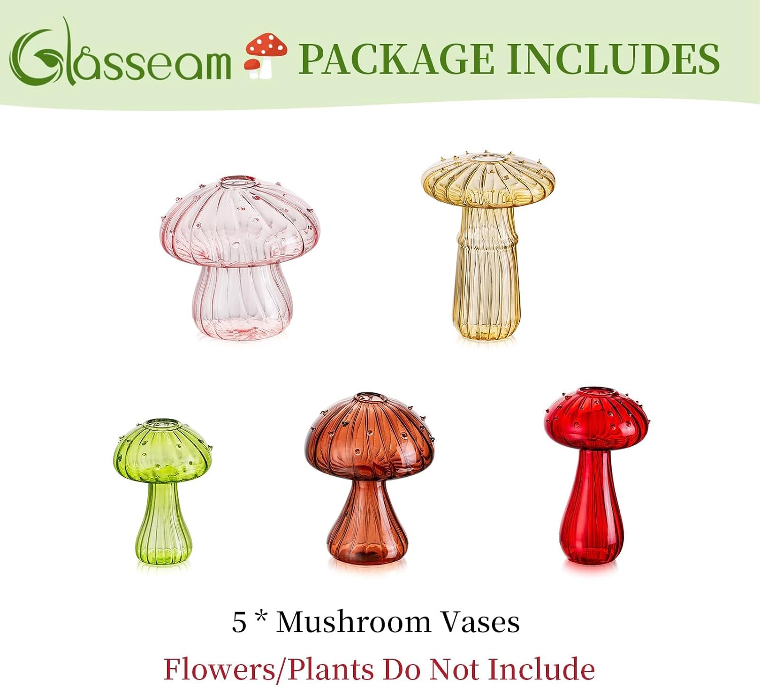 Glasseam Mushroom Plant Propagation Station: 5 Pcs Glass Mini Terrarium | Colored, Small Hydroponic Planter, Cute
