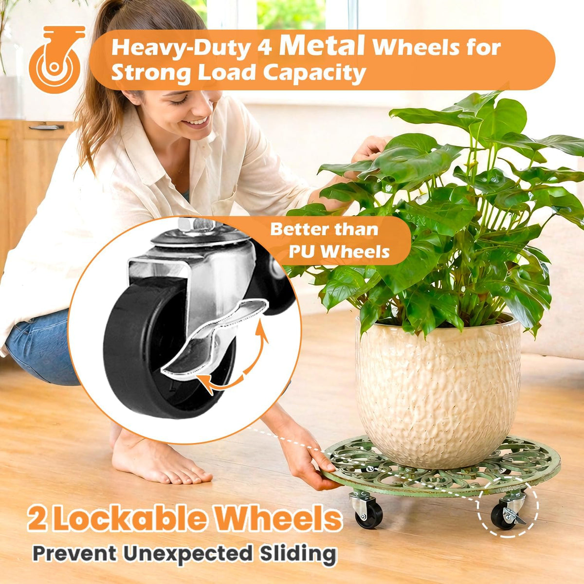 2 Pack Rolling Plant Caddy with Wheels Heavy Duty, 14 Inch Cast Iron Plant Rollers with Wheels, Planter Stand on Metal