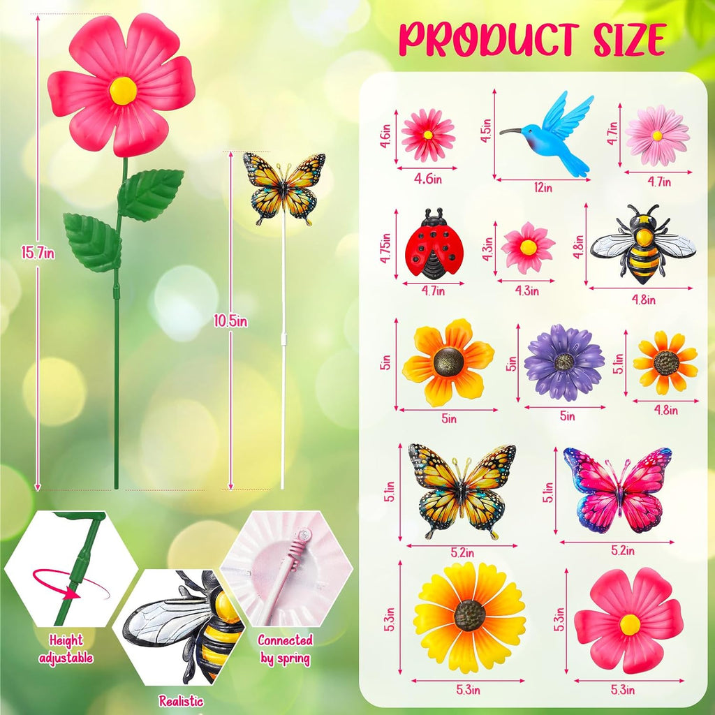 13 Pack Garden Decor for Outside, Metal Flowers Insects Bird Decorative Garden Stakes for Spring Decor, Gardening Gifts