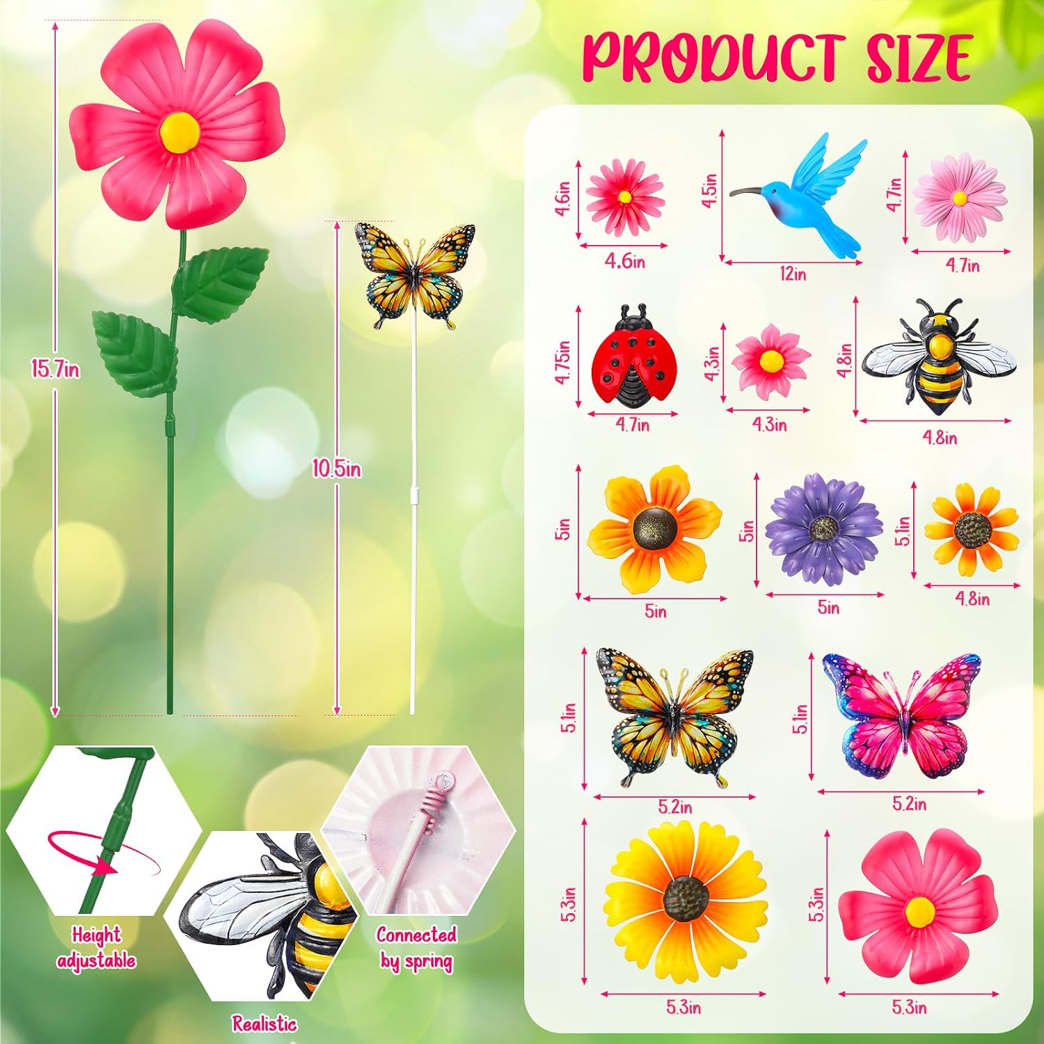 13 Pack Garden Decor for Outside, Metal Flowers Insects Bird Decorative Garden Stakes for Spring Decor, Gardening Gifts