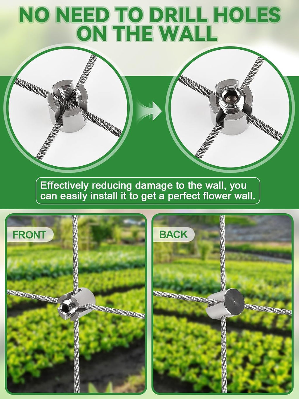 100FT Wire Trellis for Climbing Plants, Kalolary Wall Garden Trellis Kit | 20 Sets T316 Steel Wire Trellis with Cable &