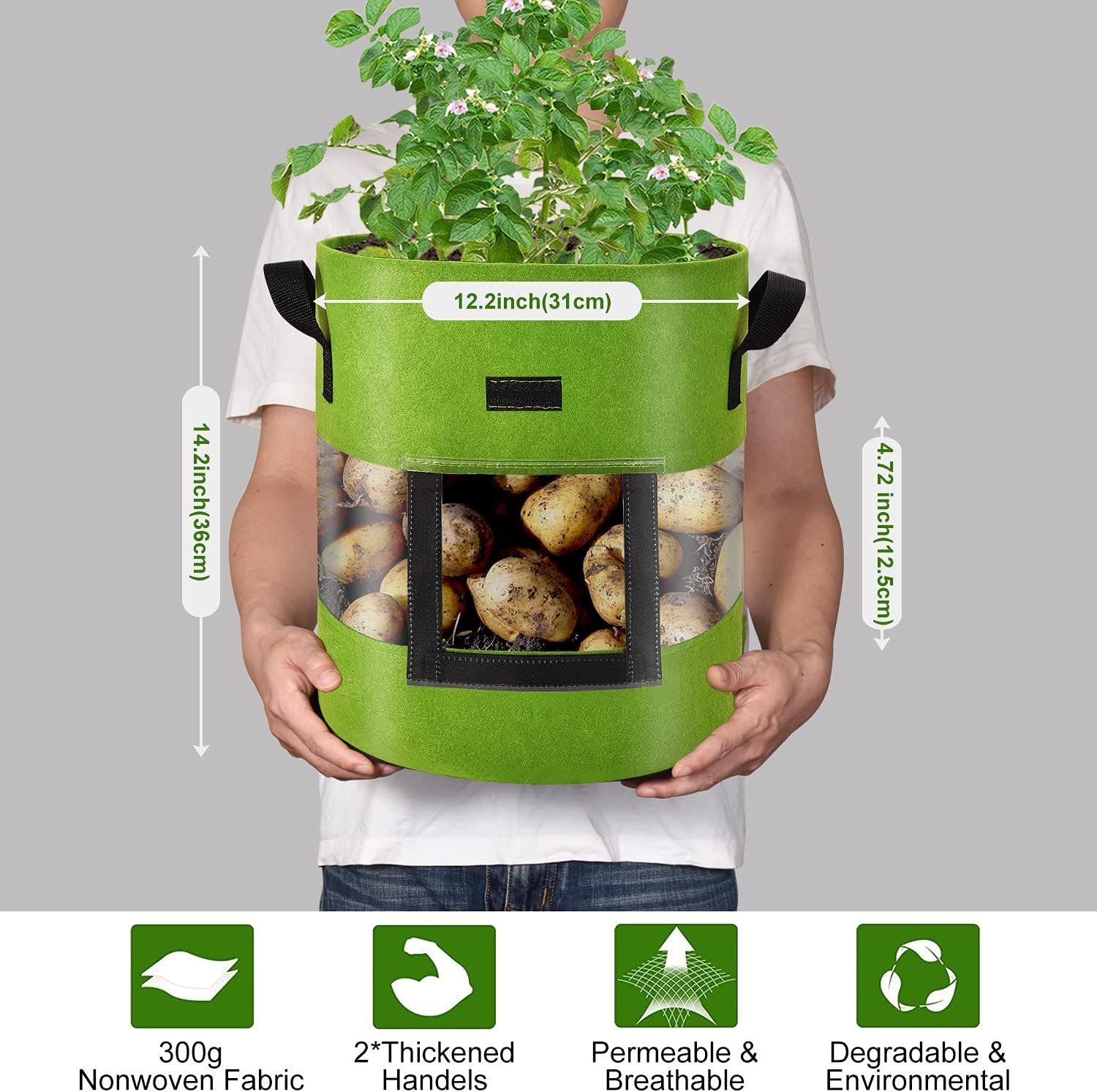 Visible Tomato/Strawberry/Sweet Potato/Carrot/Potato Grow Bags 7 Gallon 3-Pack, Heavy Duty Thickened Aeration Nonwoven