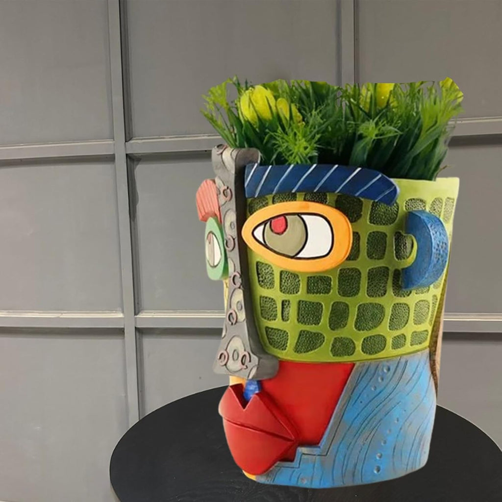 TOZLU Abstract Face Head Planter Picasso Colorful Art Resin Flower Pot | Unique Decorative Planter Gift With Drainage