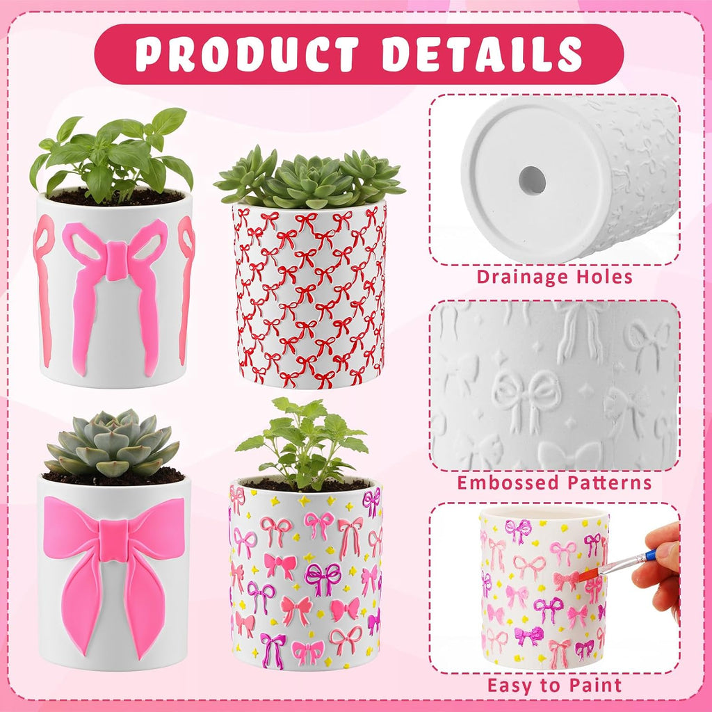 Zubebe 12 Pcs Paint Your Own Flower Ceramic Pots with Drainage Hole, 4 Style Pink Bow Unfinished Succulent Pots