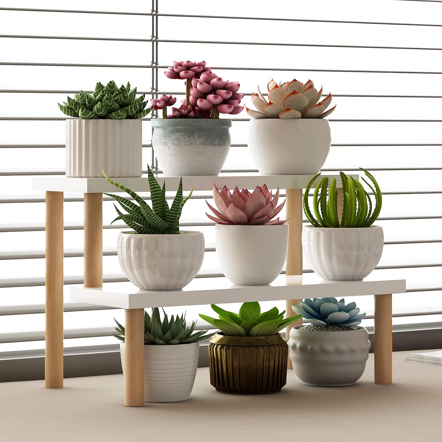 Small Plant Stand Shelf Indoor Desk, 2 Tiers Desktop Flower Stand | Window Sill Plant Shelf Ladder Tabletop Wood