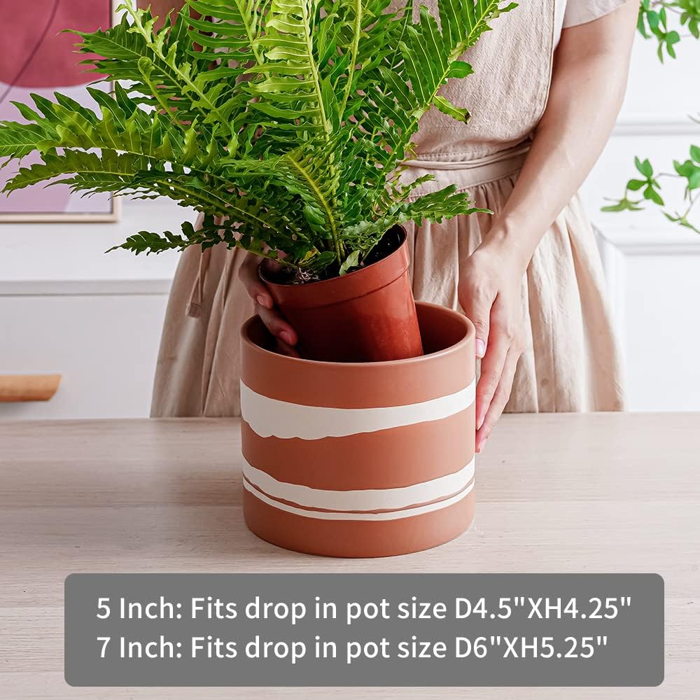 Nihow Ceramic Modern Plant Pot with Drainage for Indoor Plants,5+7 inch | set of 2, Terracotta,Cylinder Flower Pot with
