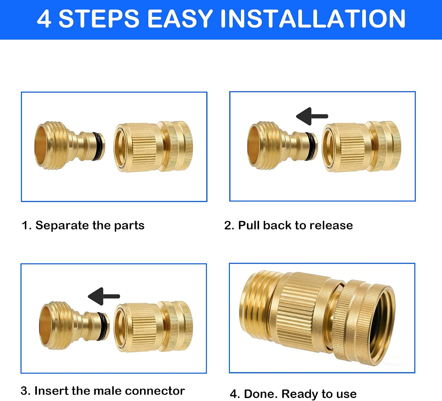 Hourleey Garden Hose Quick Connector, Solid Brass 3/4 Inch GHT Thread Garden Quick Connect Kit, Male and Female No-Leak