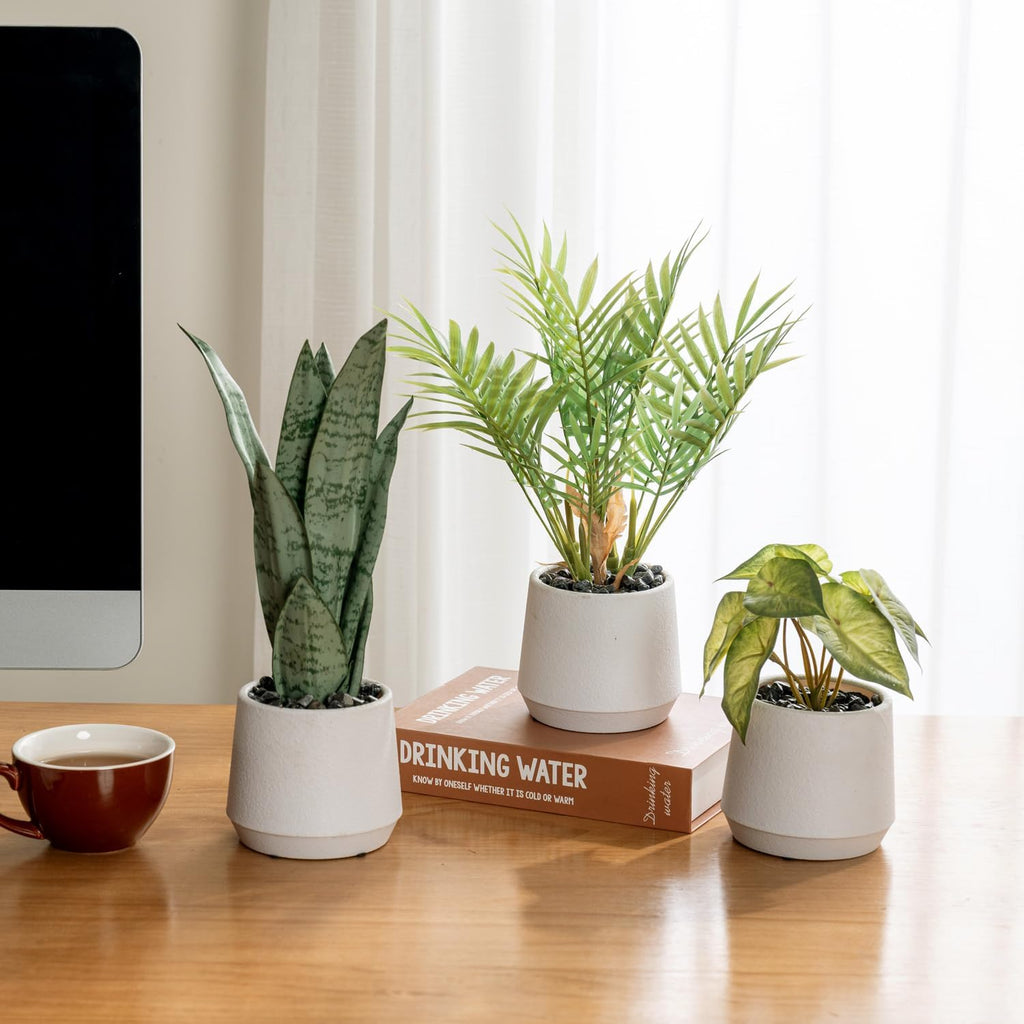 MyGift 3pc Artificial Plants in White Textured Planters, Faux Greenery | Bring easy-care greenery indoors with three