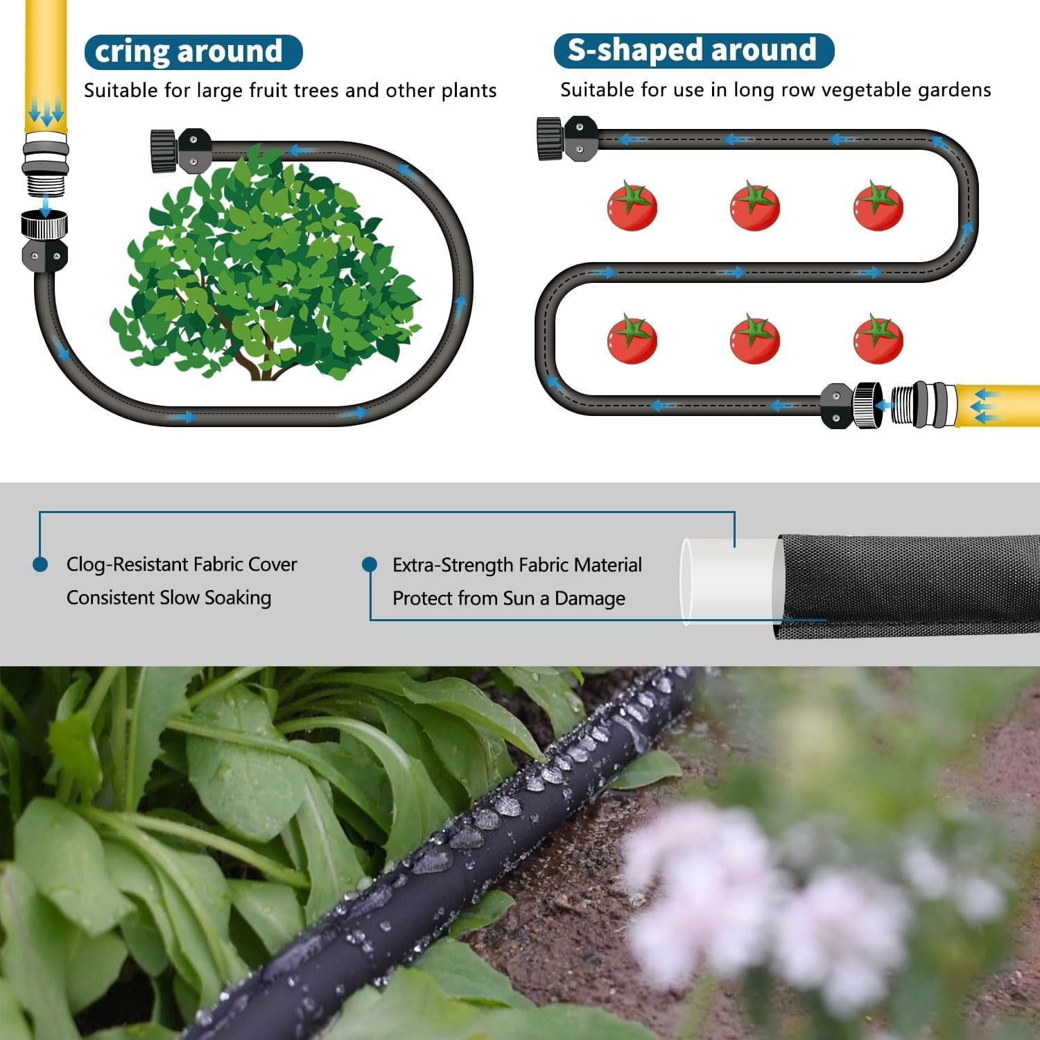 3 Pack Flat Soaker Hose 50 ft for Garden Beds, Cloth Soaker Hose 150 ft for Efficient & Effective Watering of Plants –