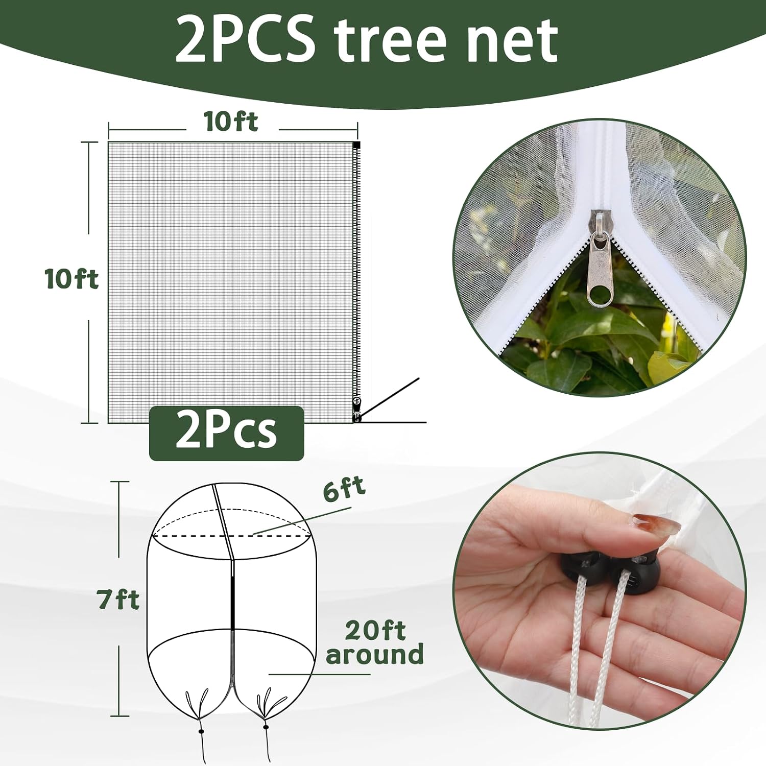 2 Pack 10x10 FT Fruit Tree Netting Apple Blueberry Zipper Drawstring | Heavy Duty Breathable Mesh Tree Net with Zipper