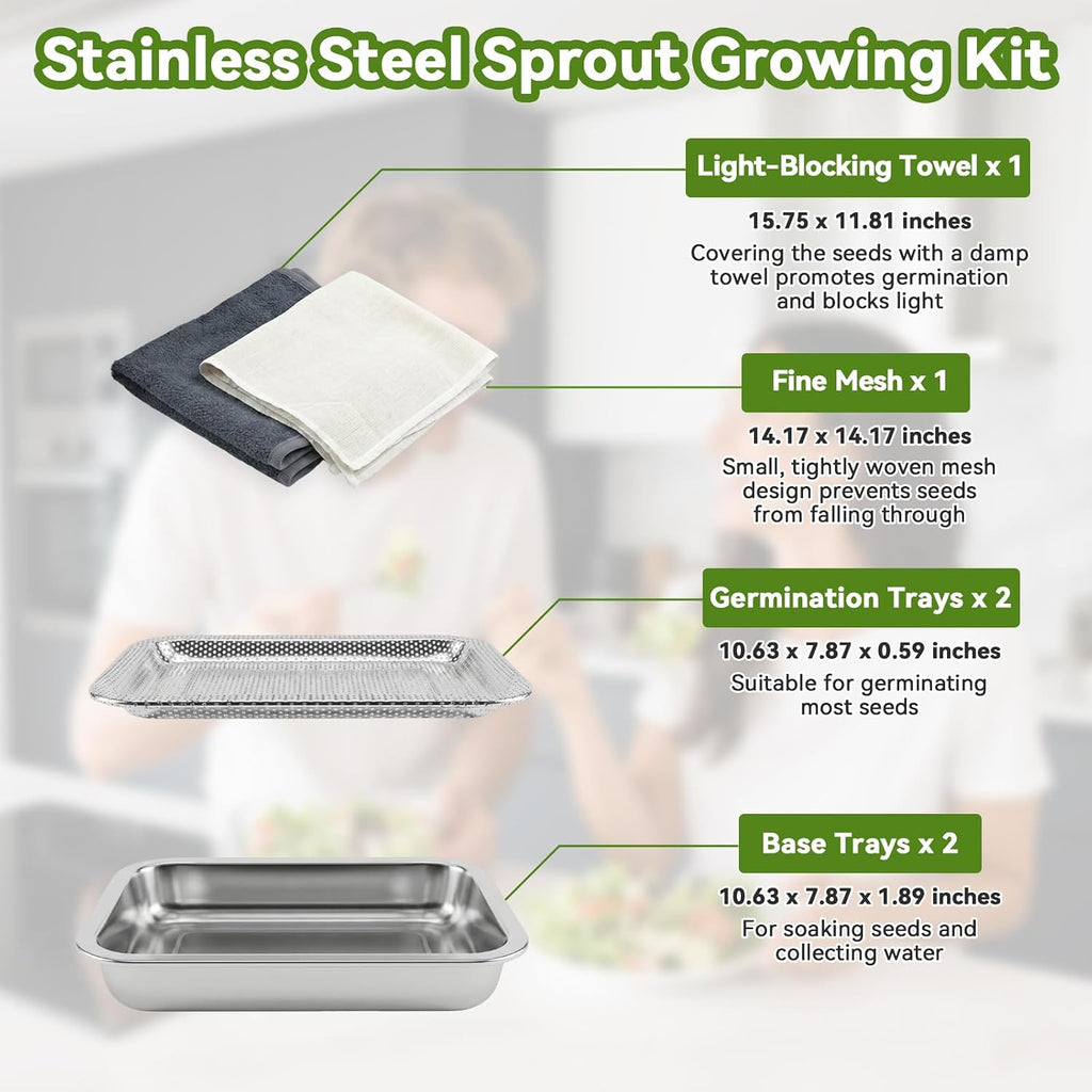 2 Pcs Stainless Steel Seed Sprouting Trays with Towel & Gauze (10.6 x 7.8) | 2-Tier Soil-Free Microgreens Growing Kit