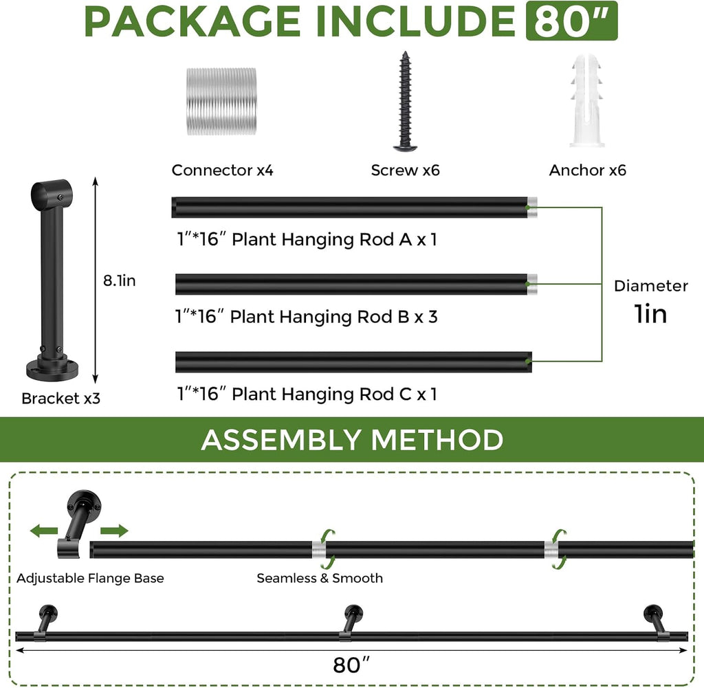 Window Plant Hanger Indoor, 80 Inch Heavy Duty Plant Hanging Rod | 1 Inch Metal Durable Hanging Plant Holder with Round