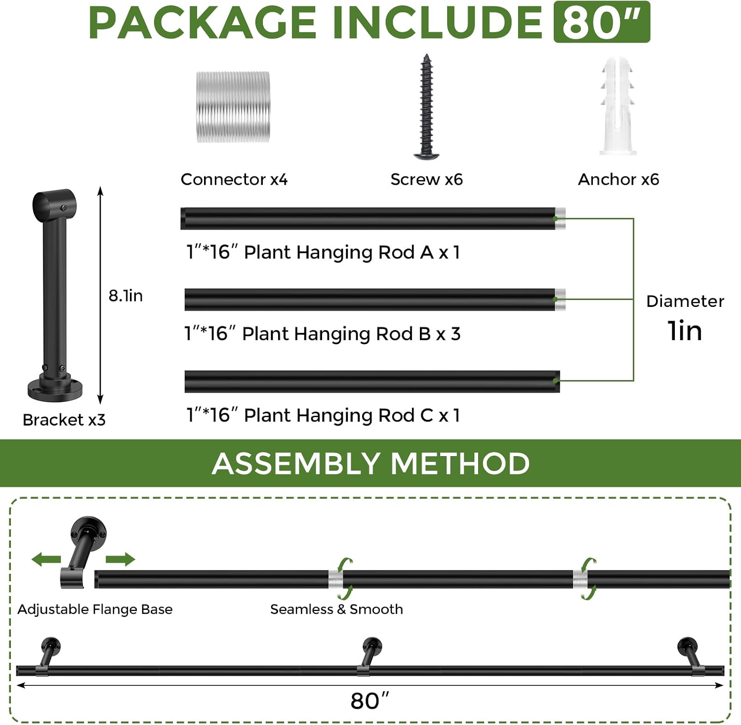 Window Plant Hanger Indoor, 80 Inch Heavy Duty Plant Hanging Rod | 1 Inch Metal Durable Hanging Plant Holder with Round