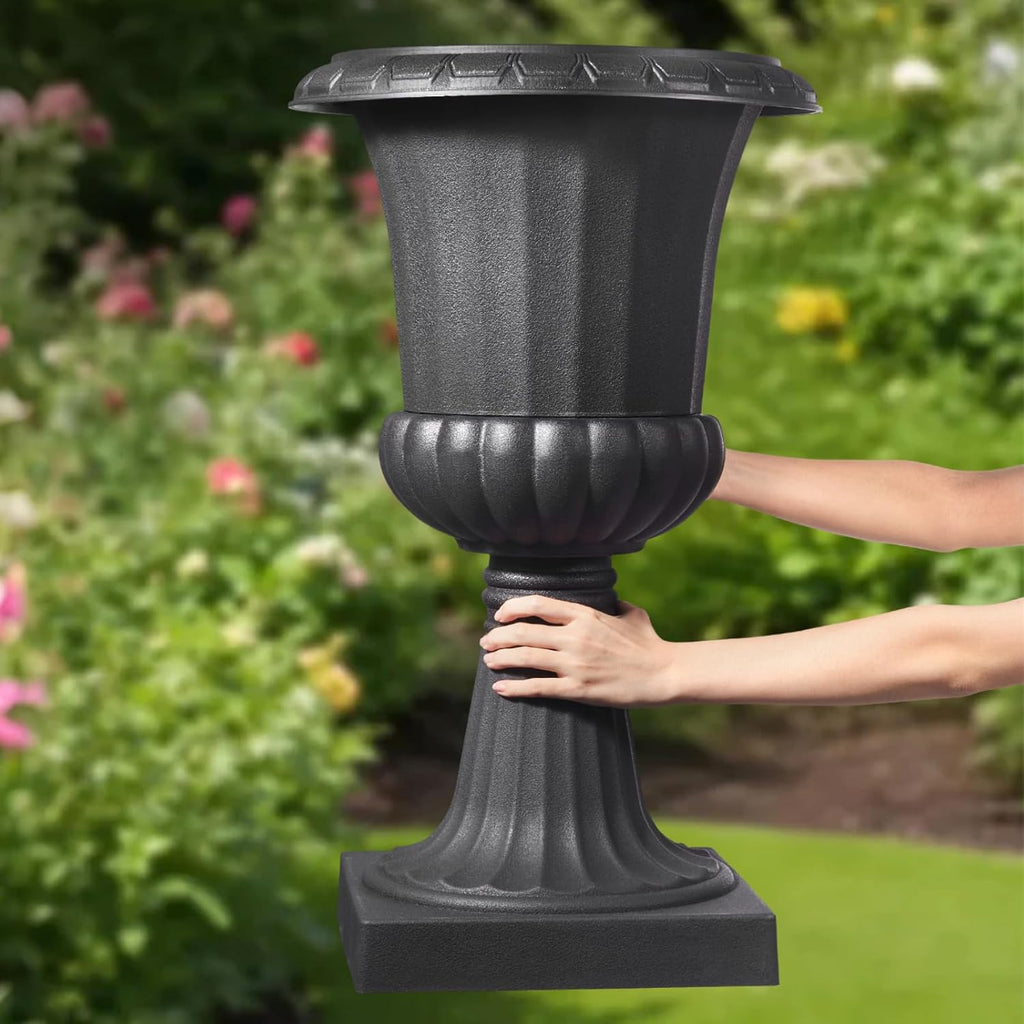 VEVOR Plastic Urn Planters, 15.8 x 26.4 Inch, 2 Pack Black Classic Flower Pots Front Porch Planters, Indoor & Outdoor