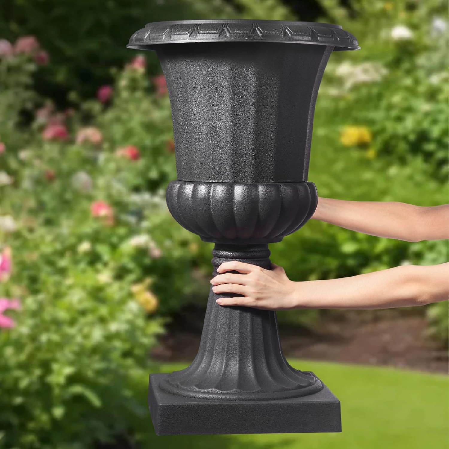 VEVOR Plastic Urn Planters, 15.8 x 26.4 Inch, 2 Pack Black Classic Flower Pots Front Porch Planters, Indoor & Outdoor