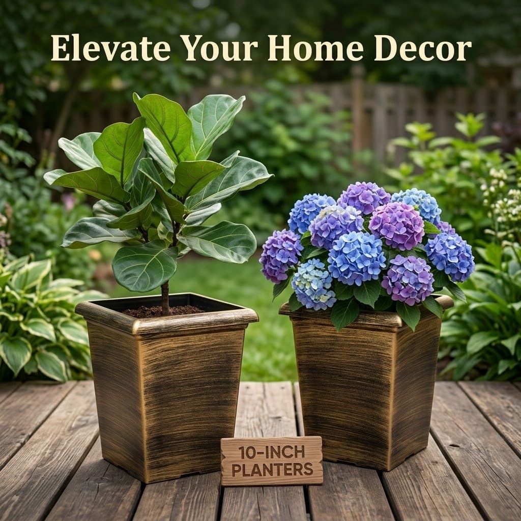 10 Inch Tall Outdoor Square Planter - 4 Pack Vintage Gold Faux Metal | Plant Pot with Drainage Holes & Raised Feet, 13"