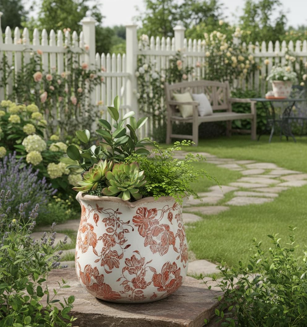 Tuscan Ceramic Planter with Floral Edges Vintage Planter Flower Pot Vase | Planter with Drainage Hole, Ice Crack