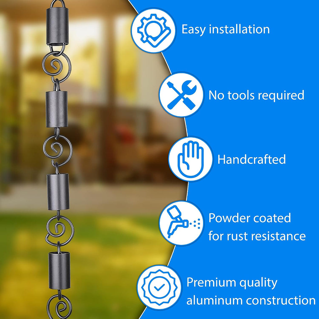 Spiral Rain Chains for Gutters 8.5ft Black