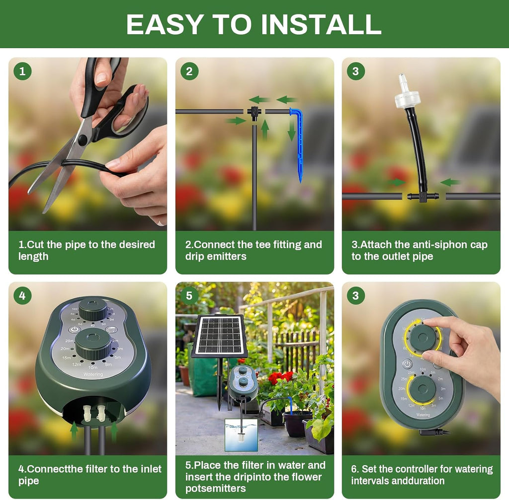 50FT Solar Automatic Drip Irrigation Kit System, Smart Self-Watering System with USB Charging for Outdoor Indoor Use