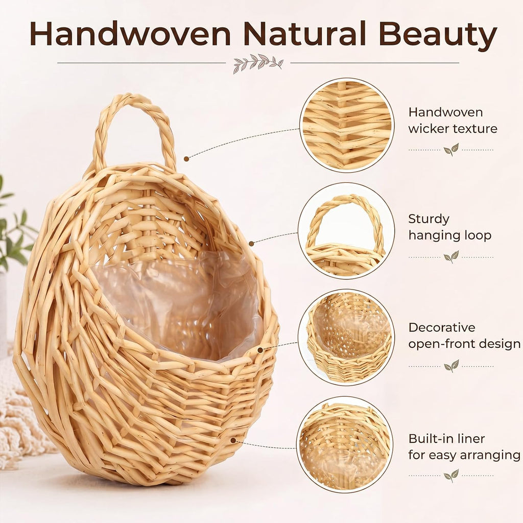 Chumia 2 Pack Wicker Hanging Basket 14" and 8" Handmade Woven Wall Hanging Basket for Plant Decorative Boho Mounted