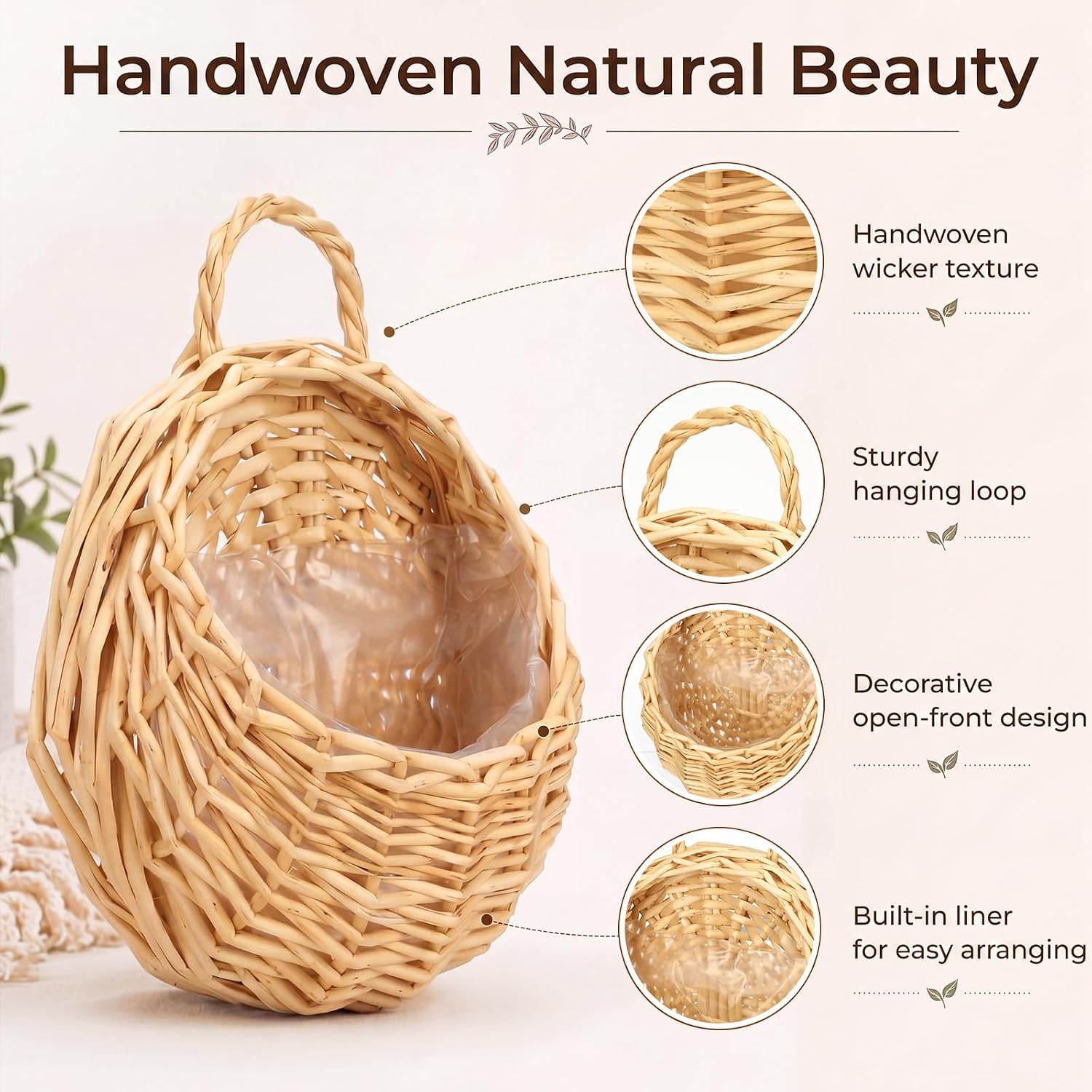 Chumia 2 Pack Wicker Hanging Basket 14" and 8" Handmade Woven Wall Hanging Basket for Plant Decorative Boho Mounted