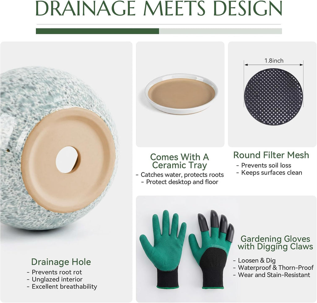 8.3 Inch Ceramic Planter with Saucer Leak-Proof Mesh &Drainage, Round Plant Pot with Gardening Gloves for Indoor