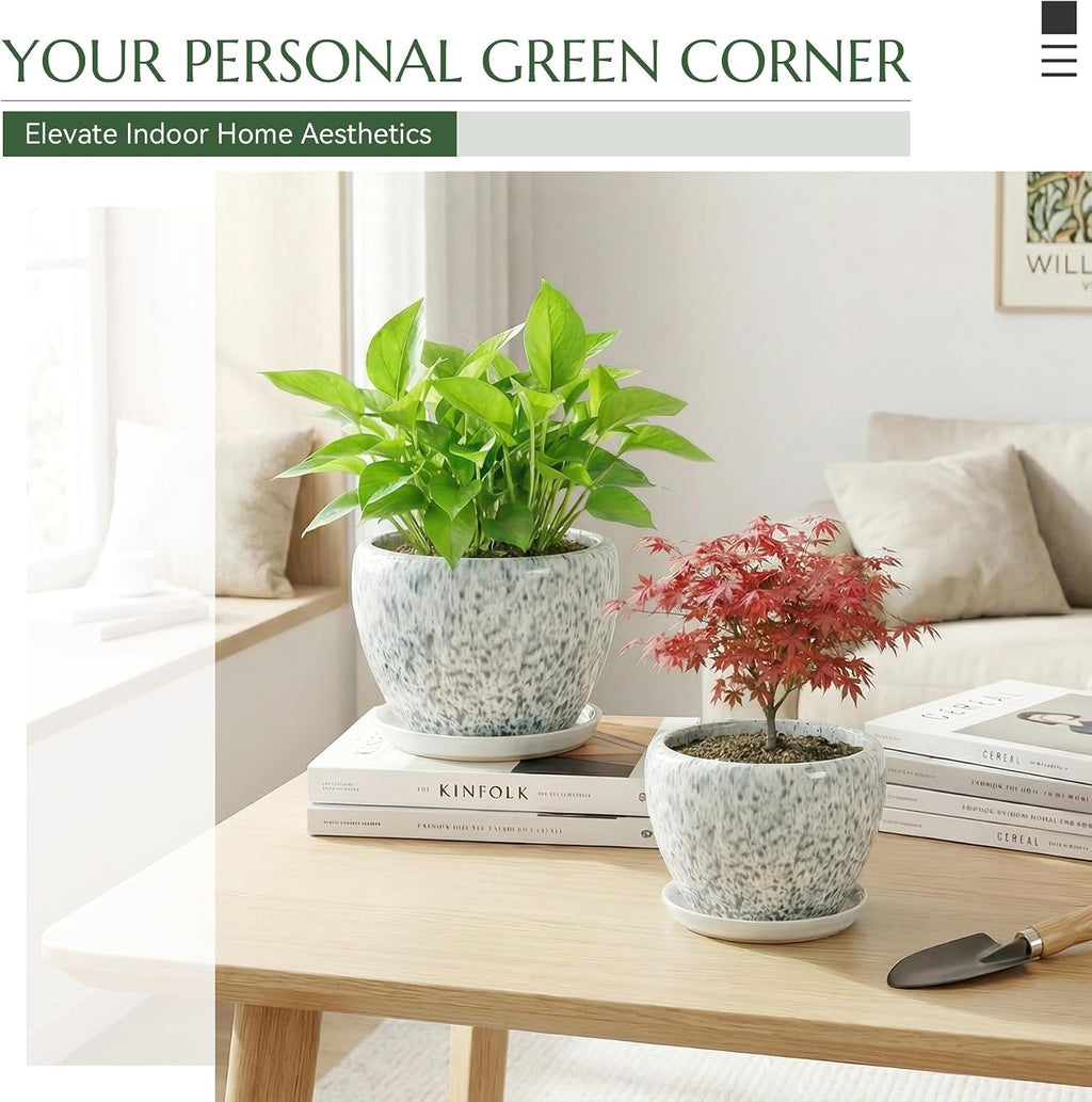 8.3 Inch Ceramic Planter with Saucer Leak-Proof Mesh &Drainage, Round Plant Pot with Gardening Gloves for Indoor