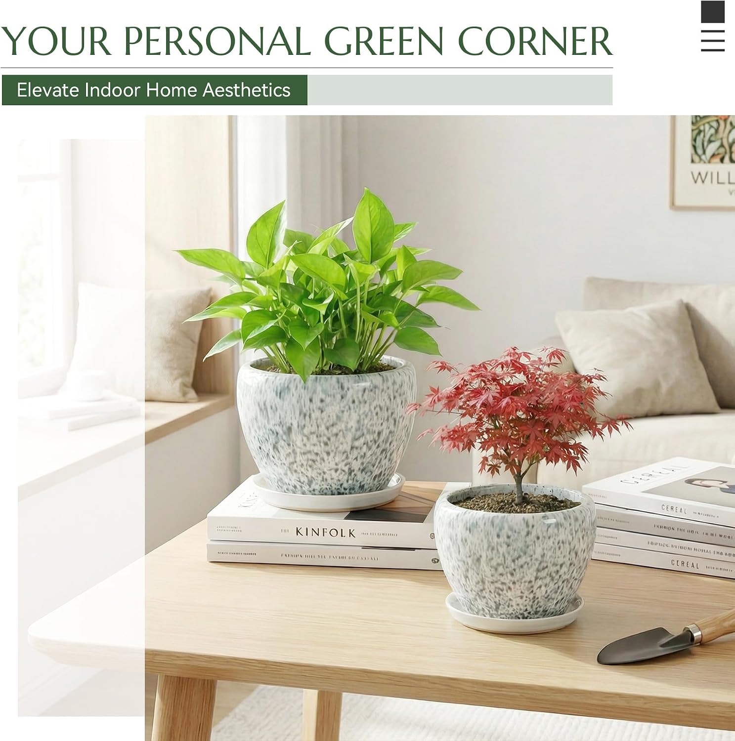 8.3 Inch Ceramic Planter with Saucer Leak-Proof Mesh &Drainage, Round Plant Pot with Gardening Gloves for Indoor