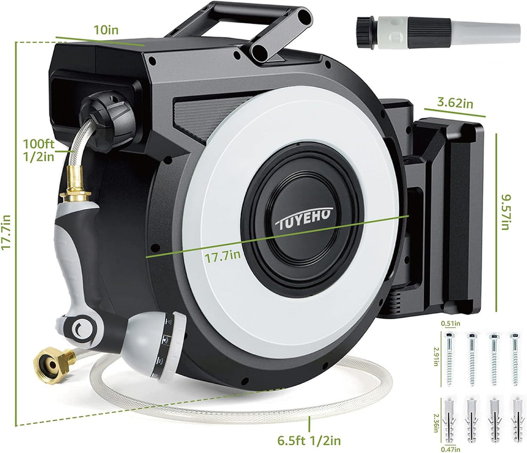 Tuyeho Heavy-Duty Automatic Retractable Garden Hose Reel 100FT Wall Mount | Lifetime Service, 2 Nozzle, Auto Rewind
