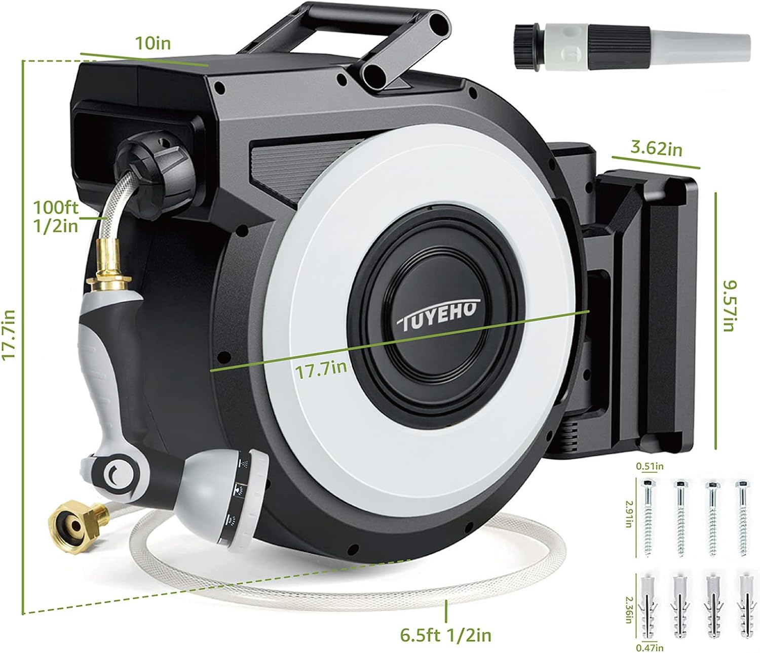 Tuyeho Heavy-Duty Automatic Retractable Garden Hose Reel 100FT Wall Mount | Lifetime Service, 2 Nozzle, Auto Rewind