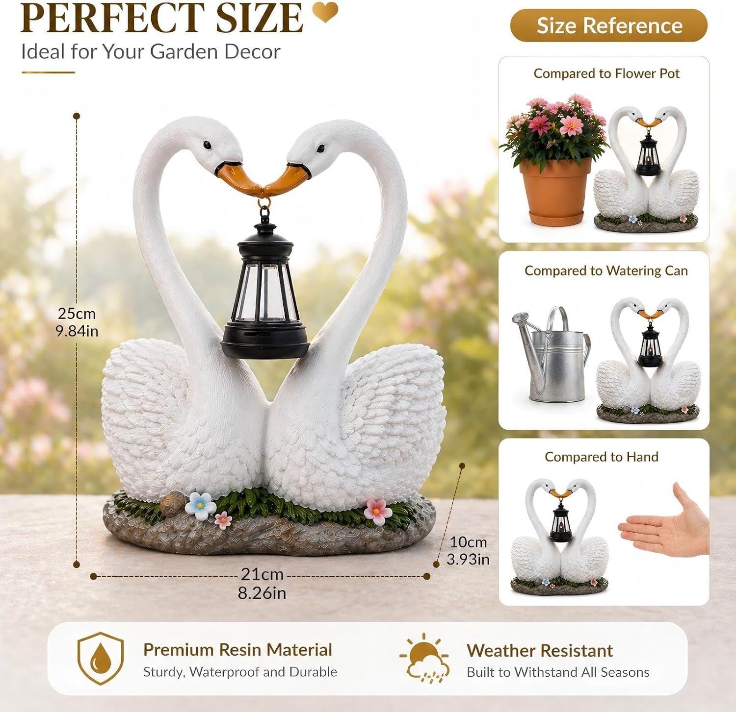 Solar Swan Garden Statue with Hanging Lantern Light, Romantic Swan Couple Outdoor Solar Lights Resin Waterproof Yard