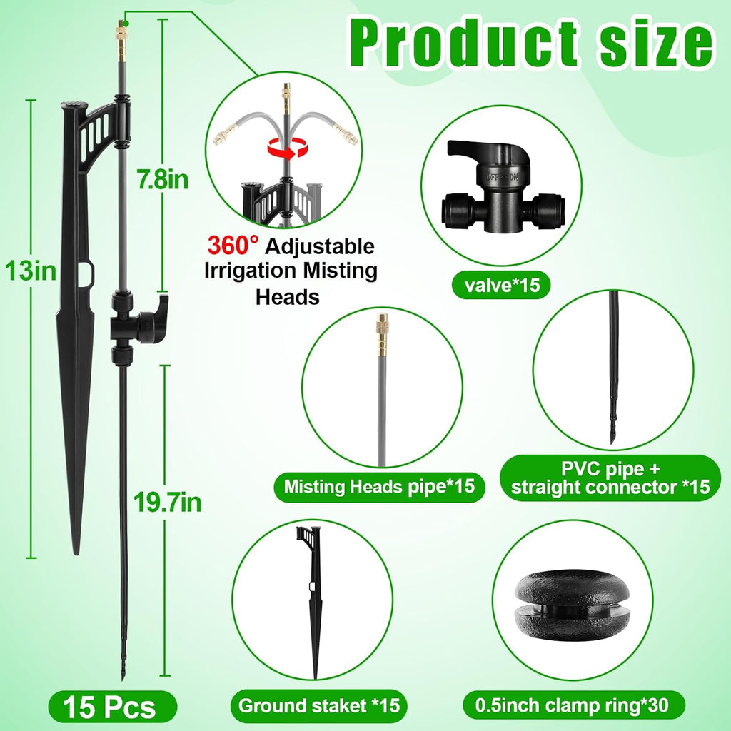 15 Sets 360° Adjustable Irrigation Misting Heads with Stake | Micro Spray Emitters with 1/4" Irrigation Tubing on Riser