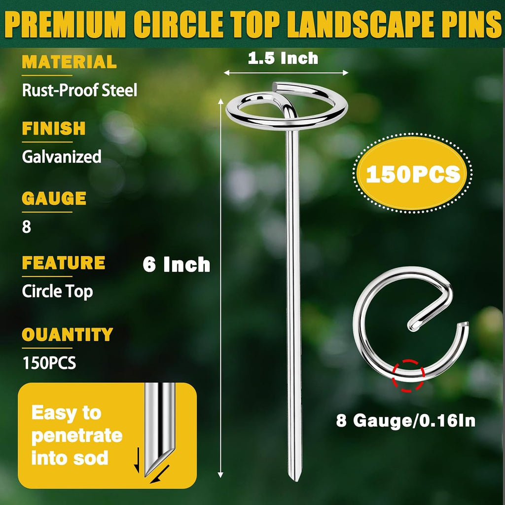 150 PCS Landscape Fabric Staples Stakes, Larger Circle Top Pin 4MM | Heavy Duty Thickened 8 Gauge, 1.5 Inch Circle Top