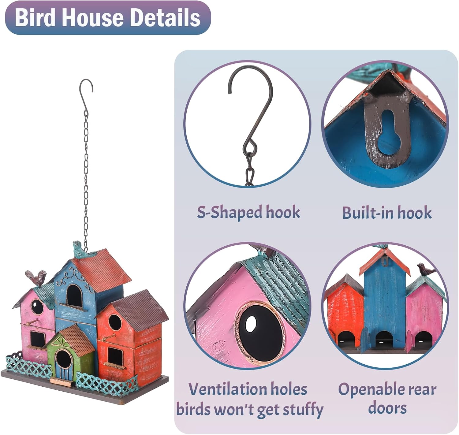 Metal Bird Houses for Outside Hanging, Large Bird Houses for Outdoors with 4 Compartments for Birds to Nest in