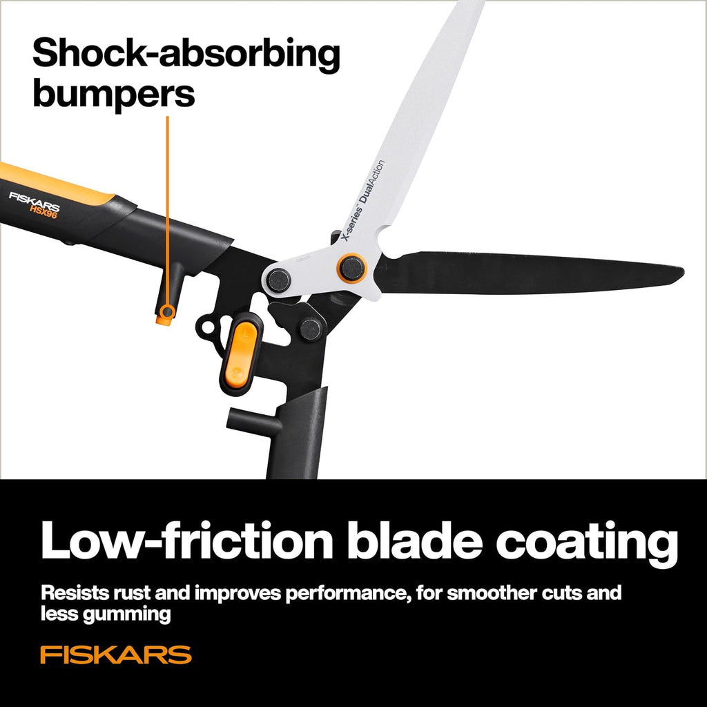 Fiskars 25" DualAction Hedge Shears, 2-in-1 Fast or Powerful Trimming | Cuts Through Thin & Thick Branches of Hedges &