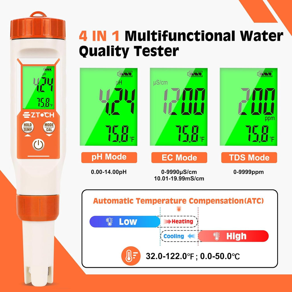 pH Meter for Water, Smart pH TDS EC Meter for Water Hydroponic | 4 in 1, pH Conductivity PPM Temp Meter, for Drinking