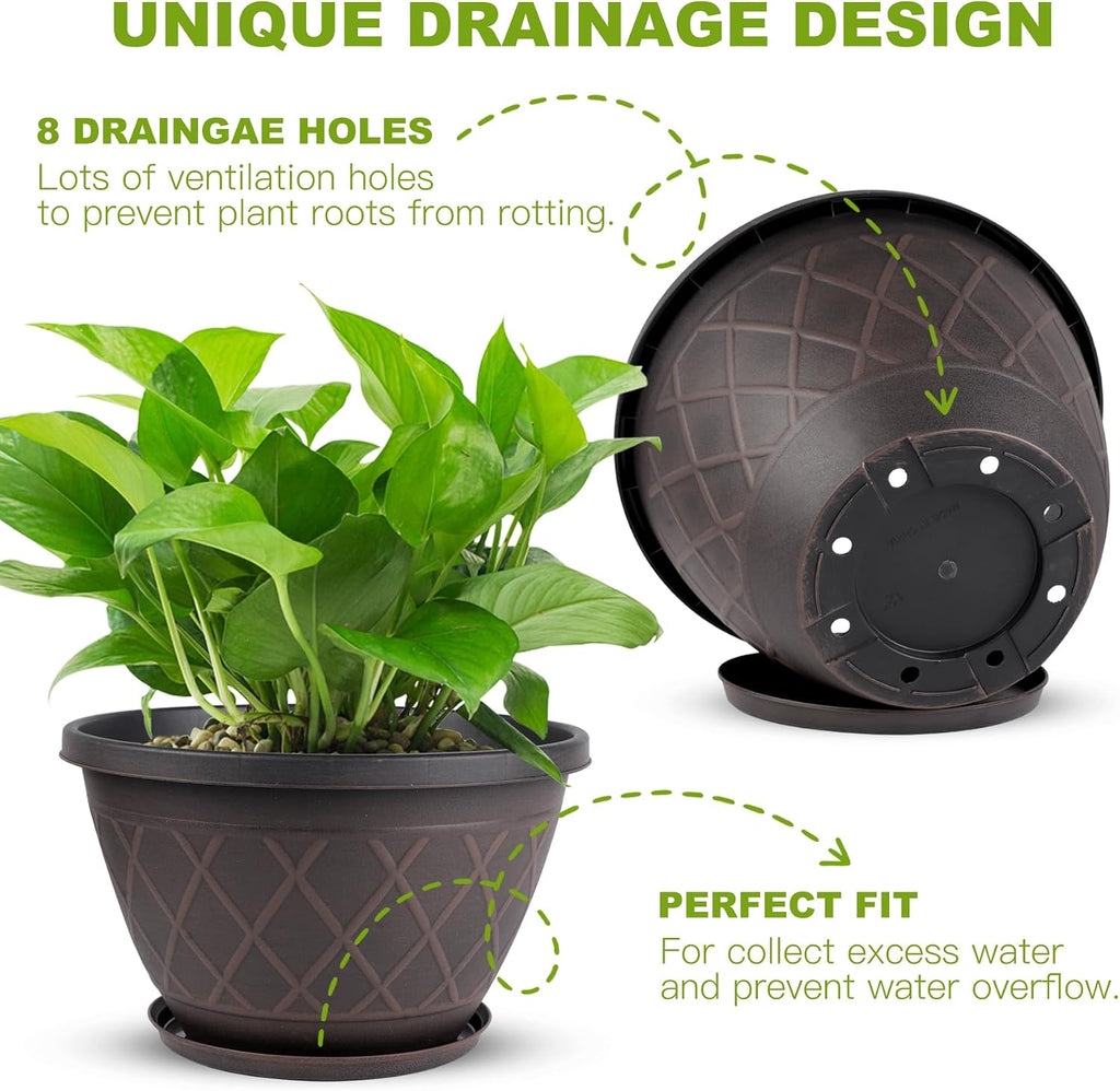 4 Pack 12 Inch Pots for Plants, Plastic Flower Pots with Faux-fence Texture | Modern Planter Pots with Saucers &