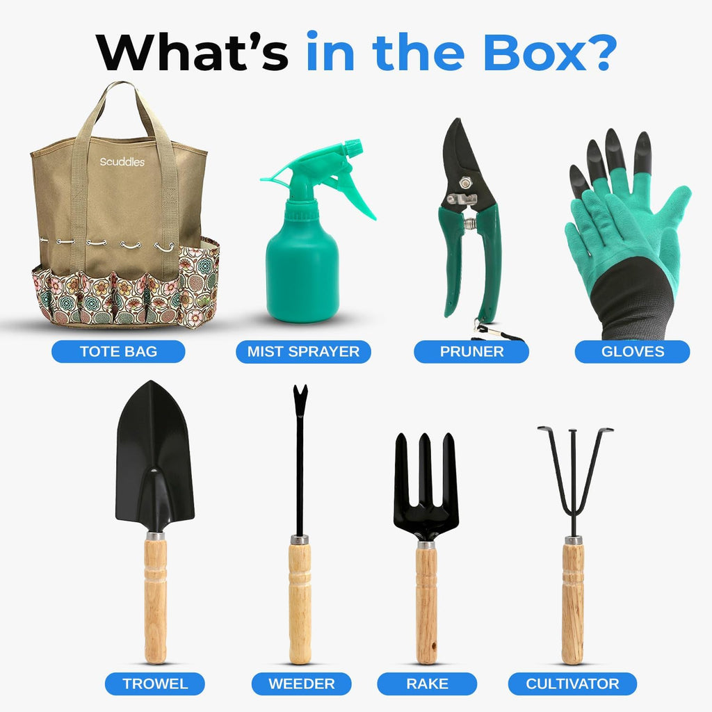 Scuddles 8-Piece Garden Tool Set with Bag, Stainless Steel Tools, Wooden Handles and Soft Poly-Cotton Gloves for