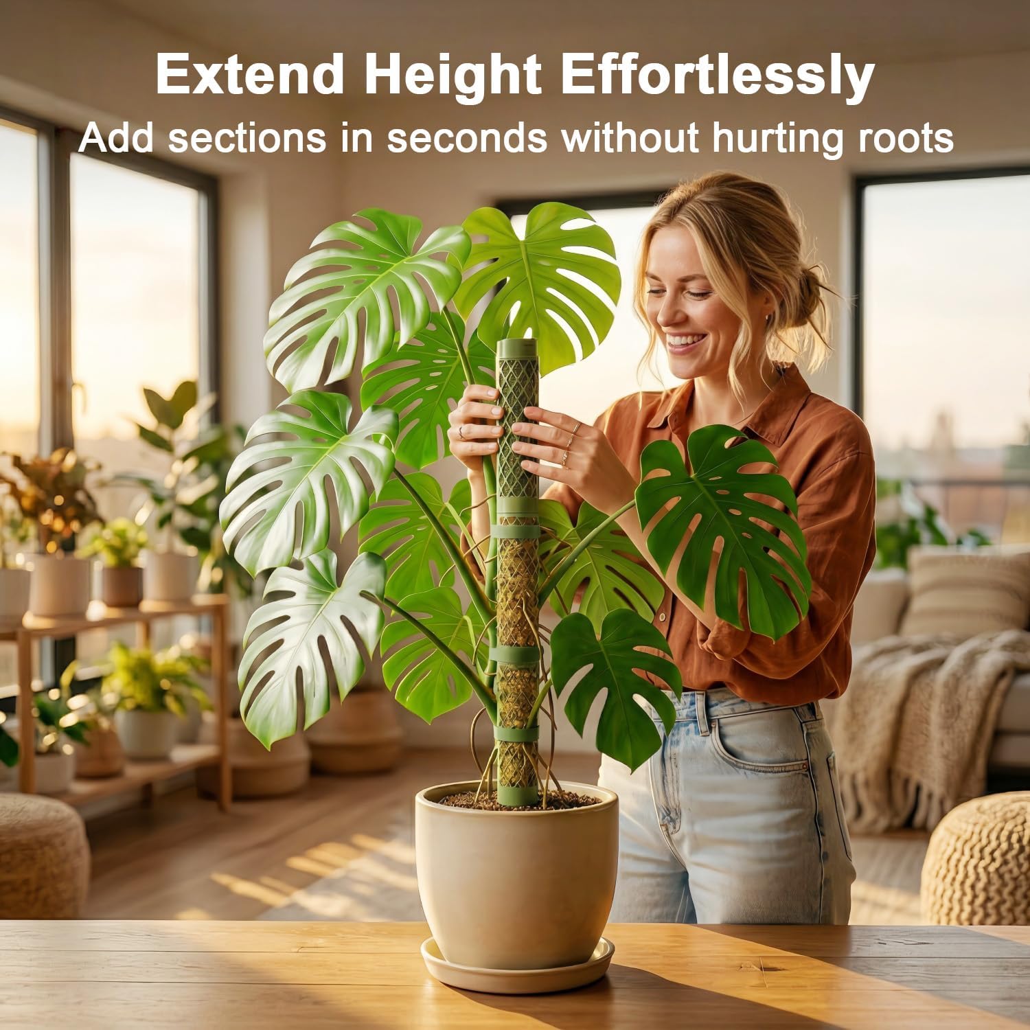 Moss Pole Monstera Plant Support: 40" Stackable Kit for Climbing Vines | No-Rot D-shape Plastic Mesh Trellis Stakes
