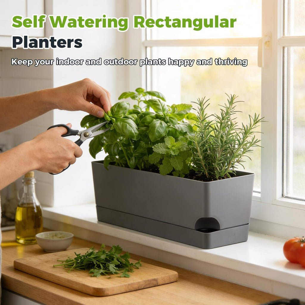 2 Pack Rectangle Self Watering Pots for Indoor Plants 17 Inches Window Boxes Planters Rectangular Flower Pots Herb