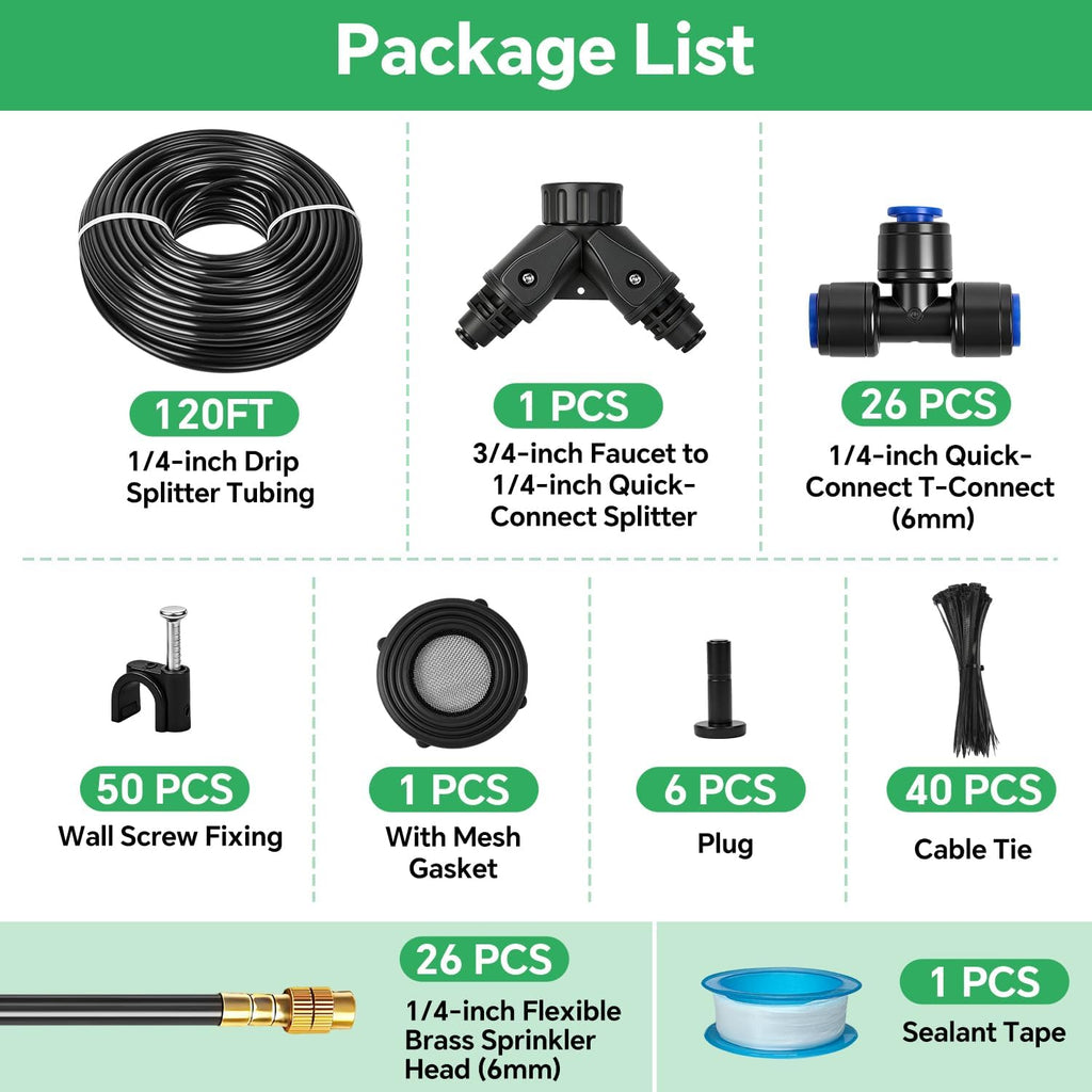 120Ft 1/4" Drip Irrigation System for Garden – 26 Adjustable Copper Nozzles, Automatic Atomizing Sprinkler System for