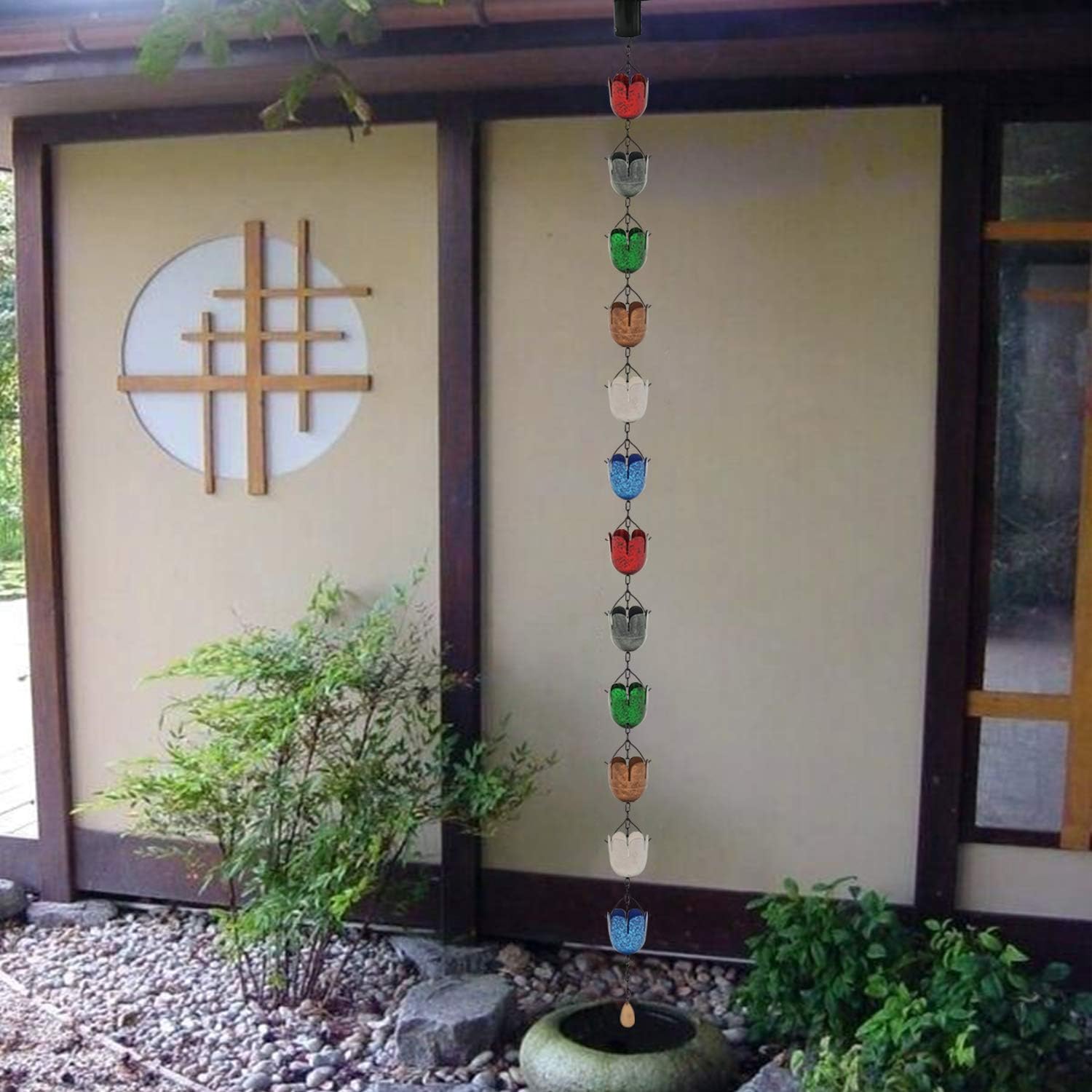 9FT Lotus Iron Rain Chain for Gutters and Rain Barrel+Adapter, 6Colors | Rain Chains for Downspout, Rust-Prevent