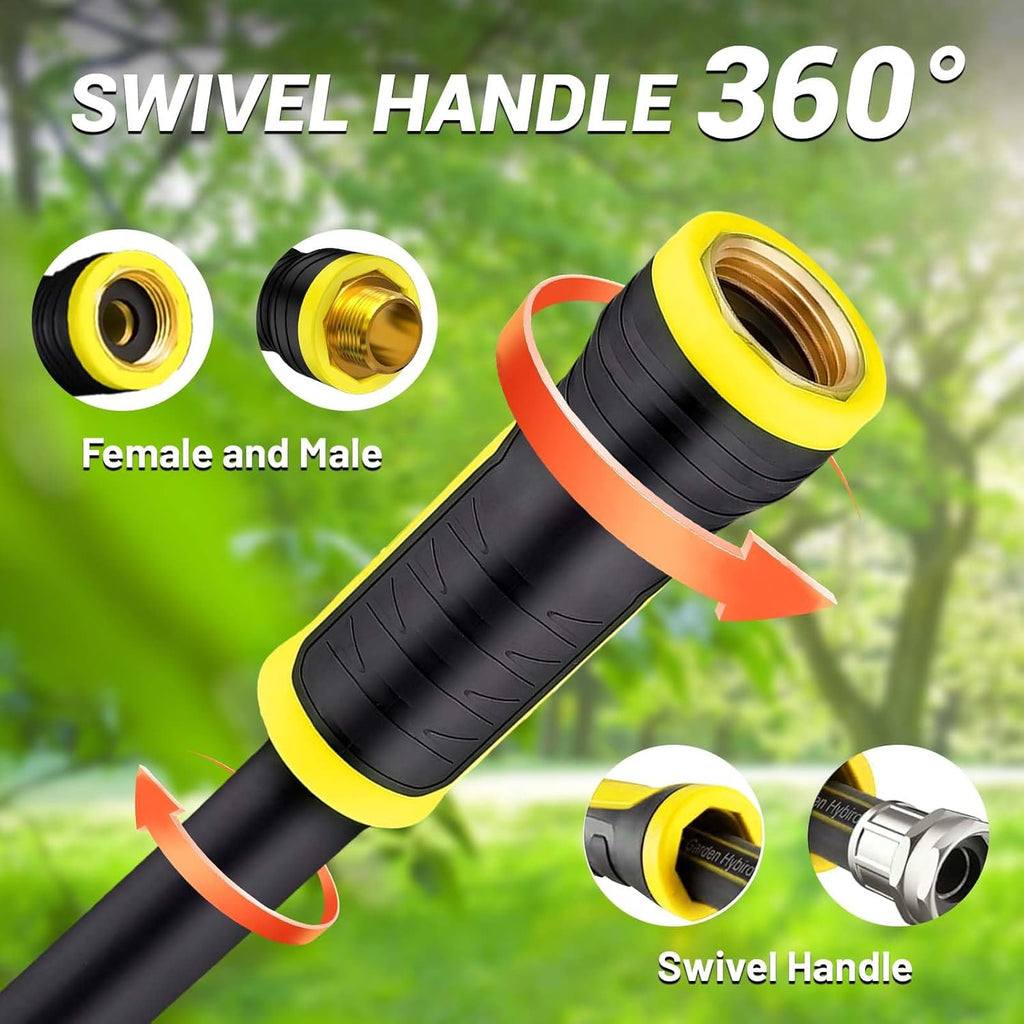 100 FT Garden Hose 5/8", Heavy Duty Rubber, Brass Fittings | 3-Layer Flexible Hybrid, Lightweight Swivel Handle, 100ft