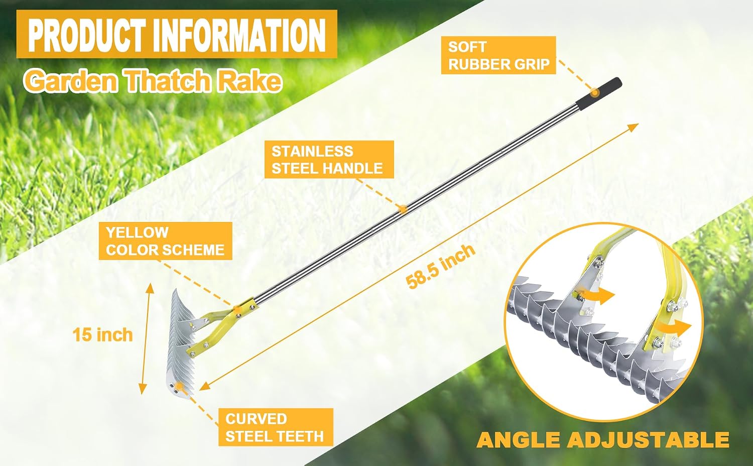 BARAYSTUS Thatch Rake Dethatcher - 15-Inch Wide Lawn Rake for Dead Grass Removal, Stainless Steel Adjustable Handle